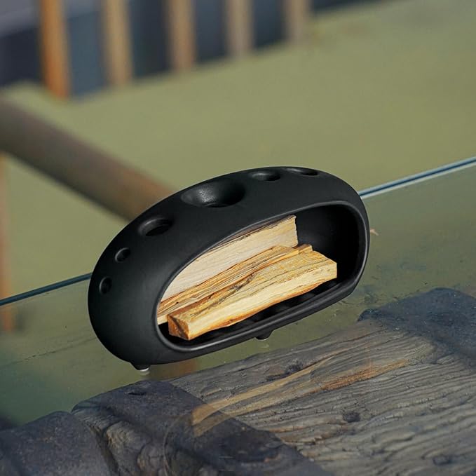 3 in 1 Palo Santo Holder for Sage Bundles Cone Incense, Handcrafted Ceramic Incense Burner Holder Ash Catcher with Chimney, Smudge Bowl for Yoga Meditation Home Decor (Multi - Porous Black)