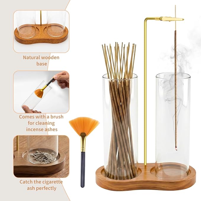 Glass Incense Holder, 2 in 1 Incense Burner Holder with Storage, Hanging Upside Down Incense Sticks Holder with Glass Ash Catcher for Meditation Yoga Spa Room Decor