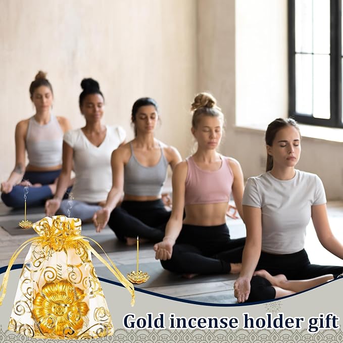 Amyhill 138 Pack Diwali Gifts Bulk, Lotus Incense Burner, Indian Return Gifts for Pooja Bulk, Stick Holder, Gold Double Layer Design with Organza Bags & Thank You Cards, Indian Return Gift (Golden)