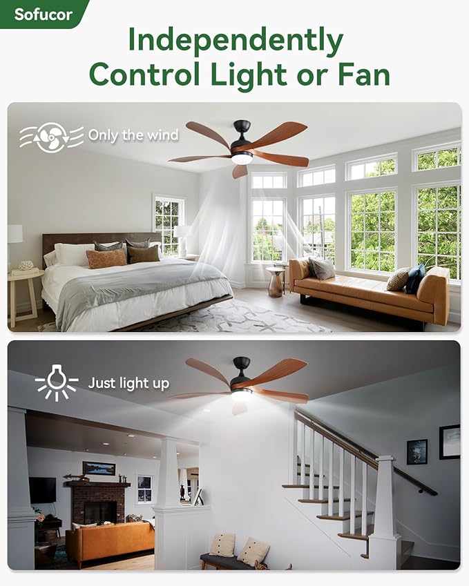 Sofucor 52" Smart Ceiling Fan, Indoor/Outdoor Ceiling Fans with Lights and Remote, Compatible with Alexa/Google/App, 3-Color Light 6-Speed Timing Reversible DC Motor for Bedroom Living Room Patio