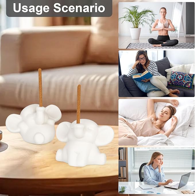 2 PCS Elephant Incense Burner, Handmade Ceramic Incense Holder, Animal Theme Incense Tray, Adorable Home Decoration Accessories (White)