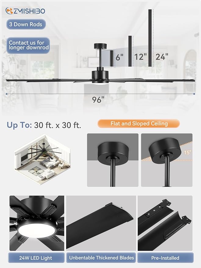 ZMISHIBO 96" Industrial Ceiling Fans with Lights, Large Ceiling Fan with 3CCT, 8 Reverisble Aluminum Blades, Quiet DC Motor, 6-Speed Remote, Indoor/Outdoor Ceiling Fans for Patios/Garage/Porch,Black