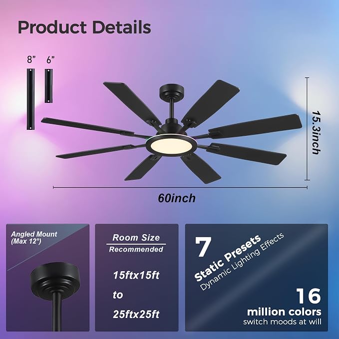 Ceiling Fan With Light & Remote Indoor/Outdoor Use 60 Inch RGB Black | Remote Control,RGB Dimmable,Reversible DC Motor,3CCT,Timer,Noiseless,Ceiling Fan for Bedroom Living Room