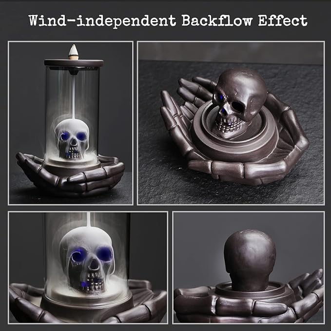 Skull Incense Burner Holder - Backflow Waterfall , LED Ceramic Unique Skeleton Incense Burner with 15 Incense Cones for Halloween/Aromatherapy/Yoga/Home/Room/Office Deco