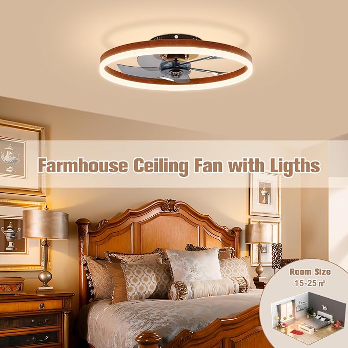VOLISUN Farmhouse Ceiling Fans with Lights and Remote,No Assembly, 19.7in Low Profile Ceiling Fan Flush Mount, 3000K-6500K Dimmable Bladeless Fandelier Ceiling Fans with Lights for Bedroom(Walnut)