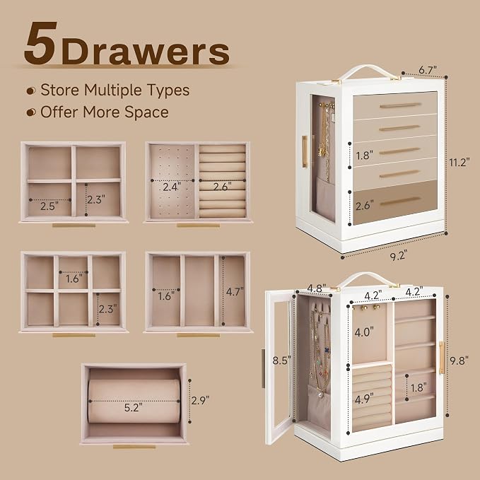 360° Rotating 5‑Drawers Jewelry Box with Top Handle & Glass Window, Spacious Vertical Jewelry Organizer, Jewelry Storage Case, Dustproof & Moisture‑resistant Design. (White)