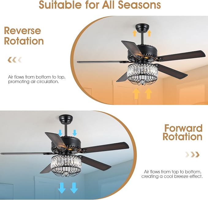 Kviflon Farmhouse Crystal Ceiling Fans with Lights and Remote, 52 Inch Chandelier Ceiling Fans, Black Fandelier Ceiling Fan for Bedroom Living Room, Quiet DC Motor, Reversible, Bulb not Included