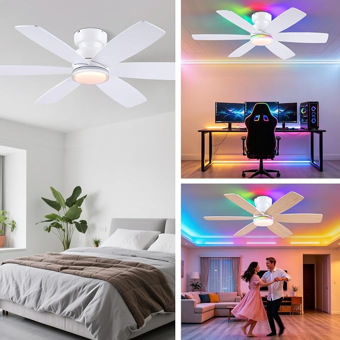Kviflon 46" Ceiling Fans with RGB Lights Remote/APP Control, Flush Mount Ceiling Fans, Double-Sided 6 Reversible Blades, RGB Ring Lights+3CCT Dimmable Lights, Double Lampshade for Bedroom, White