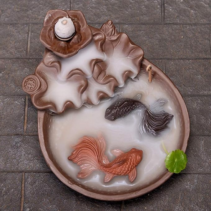 Backflow Fountain Waterfall Ceramic Incense Holders, Backflow Incense Burner Figurine Incense Cone Holders Home Decor Gift Decorations Statue Ornaments (Cyprinus carpio)