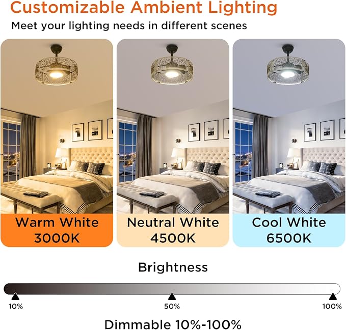 TALOYA 20 Inch Caged Ceiling Fans with Lights Chandelier Remote Control Flush Mount Low Profile for Bedroom Living Room Patio,Reversible,Buzzer Mute,Dimmable Led Light Included,Fandelier,White Oak