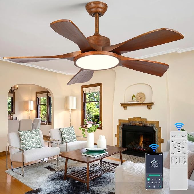 52 Inch Wood Ceiling Fan with Lights and Remote Control 5 Solid Wooden Blades Modern Farmhouse Outdoor Ceiling Fan for Patios Living Room FCC Reversible DC Motor