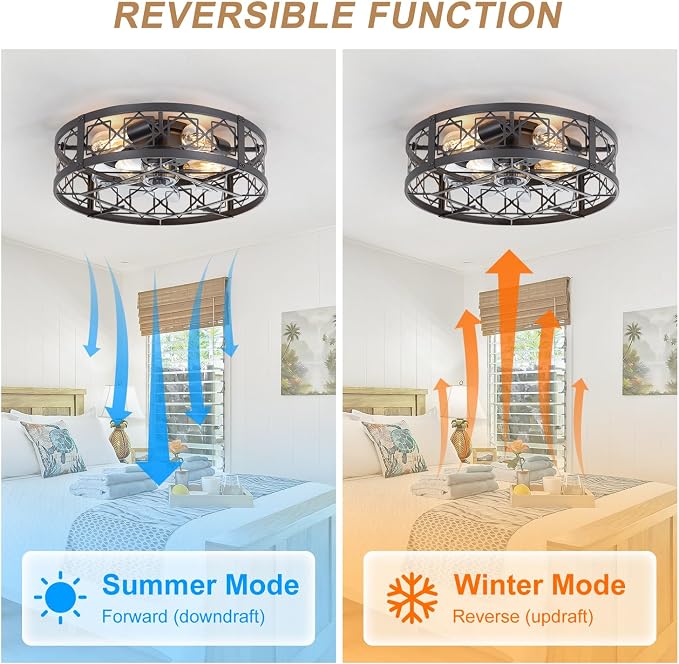 ZYD Caged Ceiling Fan with Light, 20" Ceiling Fan with Lights and Remote Flush Mount, Bladeless Caged Ceiling Fans with Lights, Matte Black Rustic Fan for Bedroom, Kitchen, Dining Room