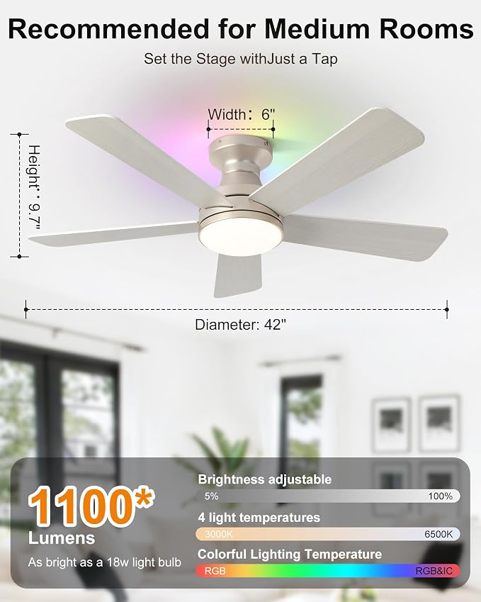 42 Inch Ceiling Fans with Lights, Smart Ceiling Fan with Alexa Google App, Gold Ceiling Fan with RGB Lights Remote, 6 Speeds Reversible DC Motor, Modern Flush Mount for Bedroom Living Room