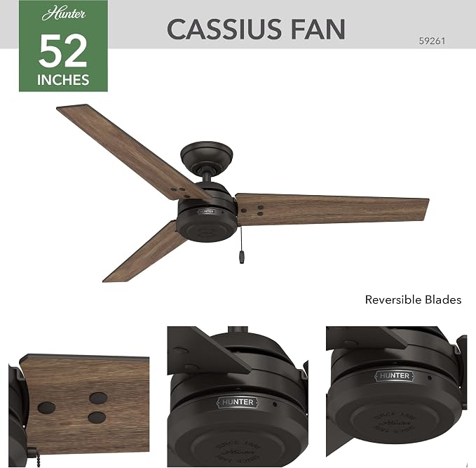 Hunter Cassius, Outdoor or Indoor, Ceiling Fan, 52 inch, New Bronze | No Light, Standard Mount, Pull Chain, 3 Blades, For Living Room, Patio, Porch, Garage, 59261