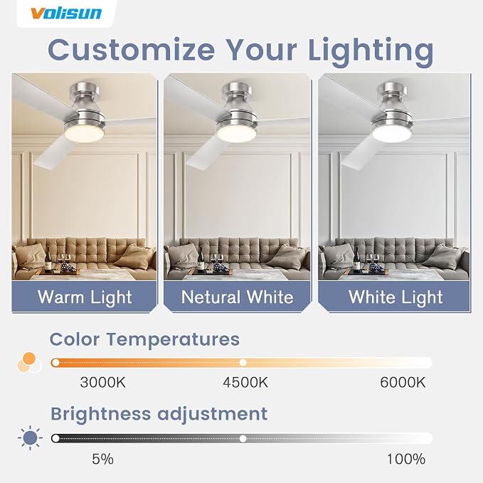 VOLISUN Ceiling Fans with Lights Flush Mount, 42 inch Low Profile Ceiling Fan with Light and Remote, Queit & Reversible Motor,3CCT, Dimmable, Modern Ceilings Fans for Bedroom, Living Room(Nickel)