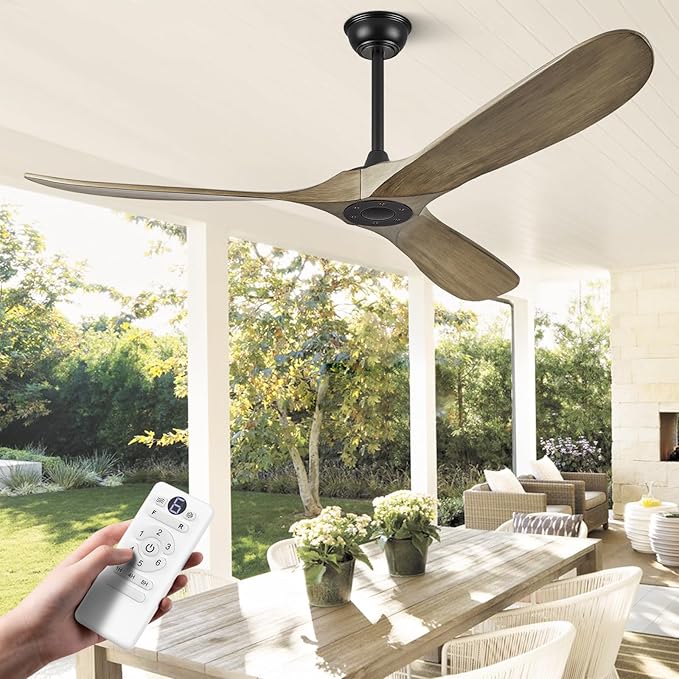 ABZ 60" Ceiling Fan without Light - 60 inch Propeller Solid Wood Blades Bronze Gray Ceiling Fan no Light with Remote Control for Outdoor Indoor Patio Porch Living Room