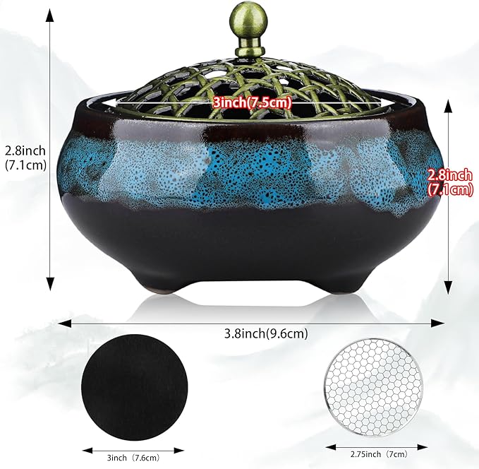 Ceramic Incense Burner for Cone and Backflow Incense, Metal Lid, Stainless Steel Incense Holder, Incense Bowl with Incense Cone Holder & Burner Holder (Fambe Blue)