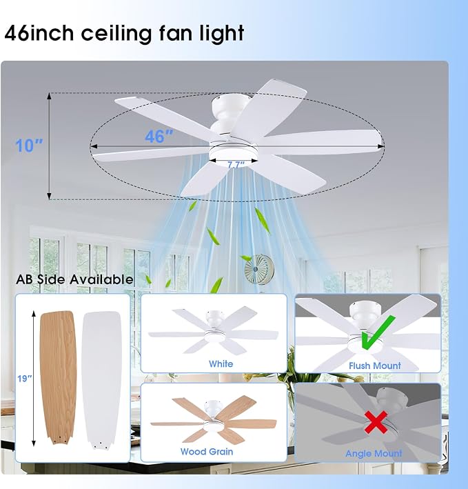 Kviflon 46 inch Ceiling Fans with Lights and Remote/APP Control, Low Profile Ceiling Fan with Light, Flush Mount, 3CCT, 6 Reversible Blades 6 Speeds Modern Ceiling Fan for Bedroom Living Room, White
