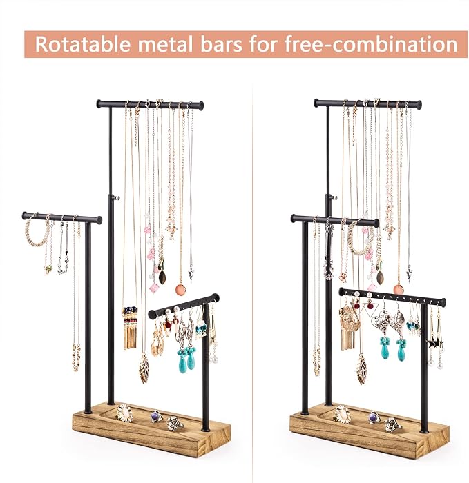 SRIWATANA Carbonized Black Jewelry Organizer Stand, Tall Necklace Holder | 3-Tier 360° Rotating Tall Jewelry Tree with Adjustable Height for Necklaces, Earrings, Bracelets, and Ring Tray