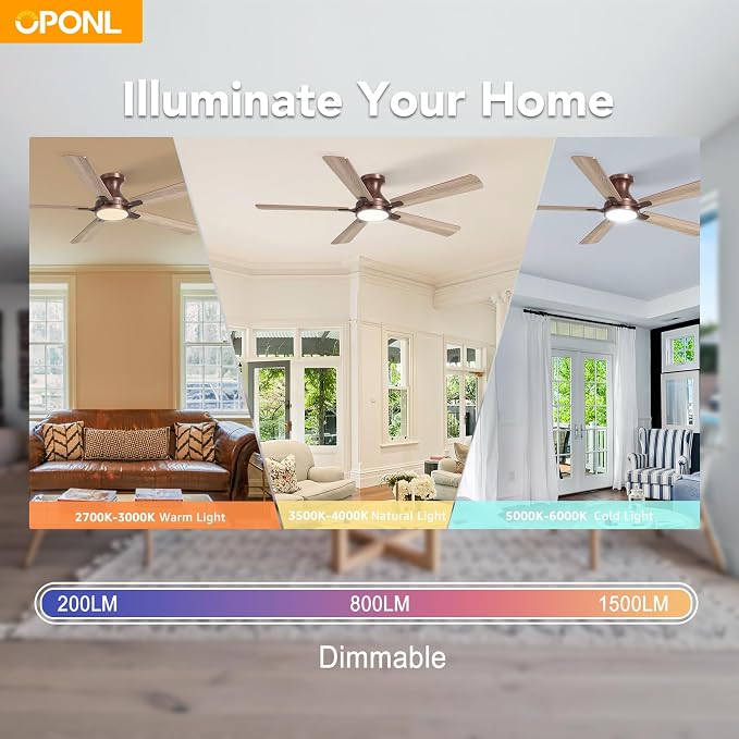 OPONL Ceiling Fan with Light, 52 inch Low Profile Ceiling fan with Light and Remote Control, Reversible, 6CCT, Dimmable, Noiseless, Brown Ceiling Fan for Bedroom, Indoor/Outdoor Use, Modern