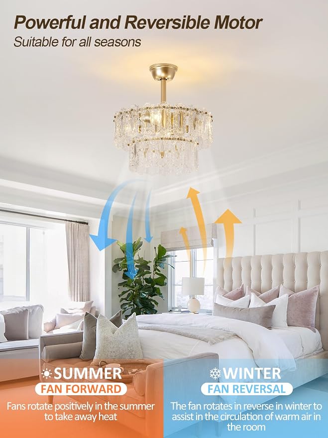 Gold Crystal Fandelier Ceiling Fan with Light, 20" Caged Chandelier Ceiling Fan with Light Remote Control, Mid-Century Enclosed 6 Speeds for Bedroom, Nursery, Living Room, Foyer