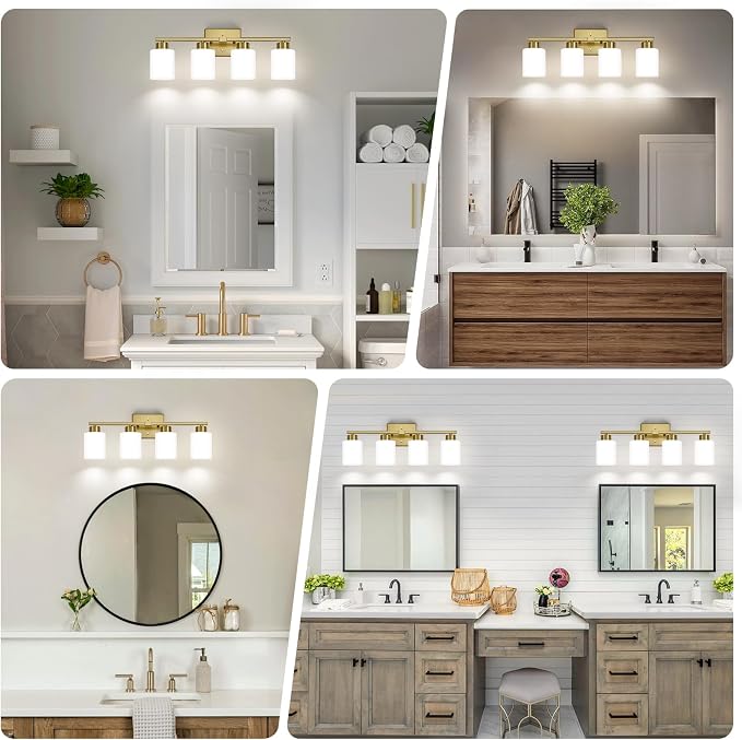 FonmYim Brushed Gold Bathroom Light Fixtures, 4-Light Modern Vanity Light Over Mirror, Wall Sconces with Milky White Frosted Glass Shades, E26 Socket (Bulbs Not Included)