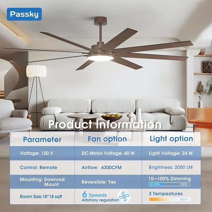 80 Inch Ceiling Fans with Lights, Large Modern Ceiling Fan with Light and Remote Control, Reversible, 3CCT, Dimmable, Quiet, Brown Ceiling Fan for Bedroom Living Room Patio Farmhouse, Indoor/Outdoor