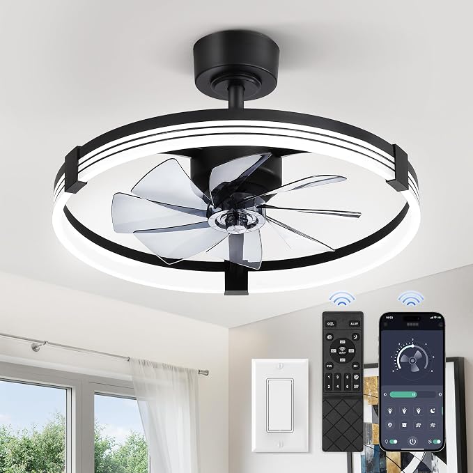 ZMISHIBO 23" Ceiling Fans with Lights and Remote, Low Profile Ceiling Fan with Light, 3 CCT, Stepless Dimmable, 6 Speeds, Noiseless, App & Remote Control, Black Fan Light for Bedroom, Living Room