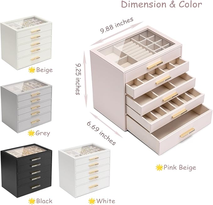 VLANDO 5-Drawer Jewelry Box with Glass Lid, Faux Leather Organizer for Rings Earrings Necklaces and More, Gift-Ready Jewelry Case for Women Girls or Moms, White