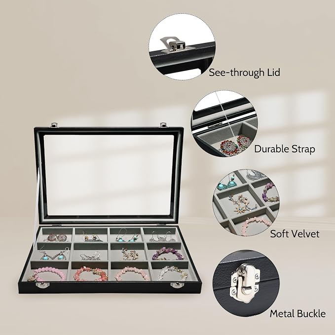 Stratalife 12 Grid Bracelet Jewelry Box, Bangle Holder Organizer with Lid | PU Leather Storage Box for Earring, Ring, Studs and Trinkets, Soft Velvet Drawer Organizer for Women, Dustproof, Gray Black