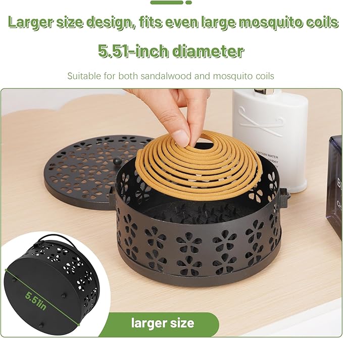 Portable Iron Mosquito Coil Holder with Handle Round Heat-Resistant Incense Holder (2 Pack Black)