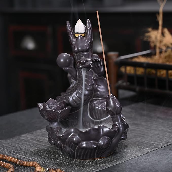 Dragon Backflow Incense Burner Waterfall Incense Holder Aromatherapy Ornament Handmade Ceramics Gift Home Decor, with 10 Backflow Incense Cones for Waterfall Burner