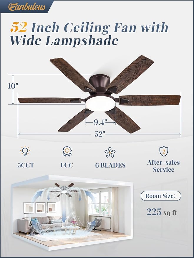 Fanbulous Ceiling Fans with Lights, 52 Inch 6-Blade, Smart APP & Remote Control, Dimmable 5CCT LED with Smart Memory, DC Motor Quiet for Bedroom Living Room, Damp Rated for Outdoor Covered Patio