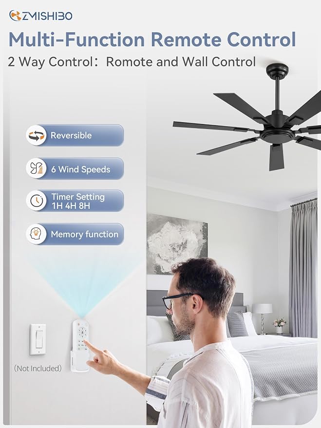 ZMISHIBO 52“ Ceiling Fans No Light with Remote, Black Modern Ceiling Fan Without Light, Quiet Reversible DC Motor, 6 Speeds, 7 Blades Indoor/Outdoor Ceiling Fan for Living Room Bedroom Patio Garage