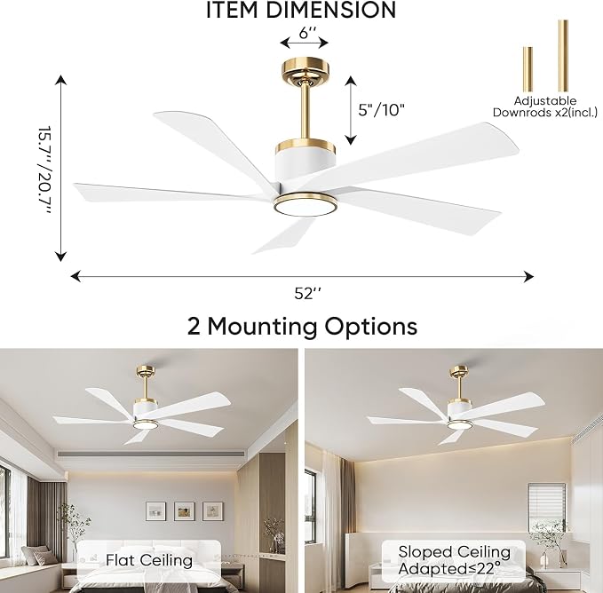 TXCSLY 52" Ceiling Fans with Lights and Remote, Modern Ceiling Fan with Light, Indoor Outdoor Ceiling Fan for Living Room, Bedroom, 5 Blade 3 Color Temperature LED Dimmable (White & Gold)