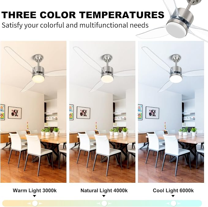 OKELI Clear Ceiling Fan with Light, 52 Inch Brushed Nickel Transparent Ceiling Fans with Light and Remote 3 Reversible Blade LED Ceiling Fan and Light Combo for Living Room, Bedroom, Patio