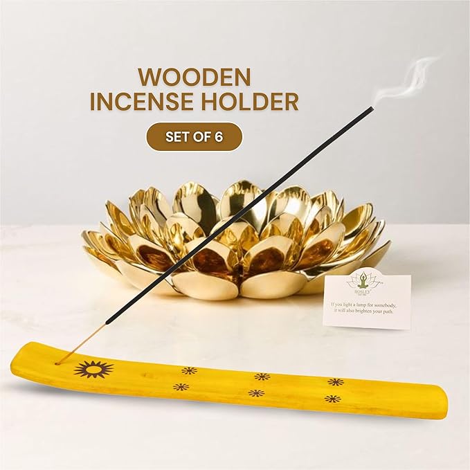 Hosley Set of 6 Wooden Incense Burners, Yellow 10" Long, Ideal Home Decor, Room Decor & Kitchen Decor, for Wedding, Aromatherapy, Zen, Spa, Reiki, Meditation