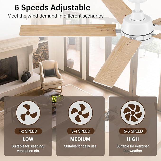 52 Inch White Ceiling Fans with Lights and Remote, Low Profile 5 Blades Ceiling Fan with Downrods, Reversible, 3CCT, Dimmable, Noiseless for Living Room, Bedroom and Patio