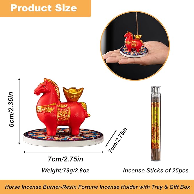 Horse Incense Burner-Resin Fortune Horse Incense Holder with Tray & Gift Box,Aromatherapy Decor for Yoga, Meditation,Home Office,Horse Lover Gift (Red)