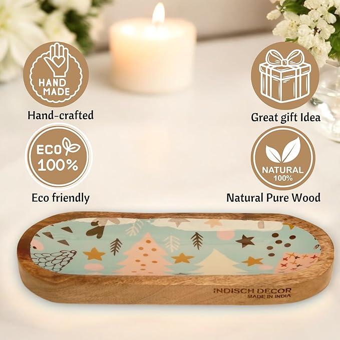 Rustic Wooden Incense Burner Holder - Handcrafted Mango Wood Insence Tray, Incense Burner/Incense Holder/Ash Catcher 12" Heat Resistant - Perfect for Meditation, Yoga & Aromatherapy (Blue & Brown)