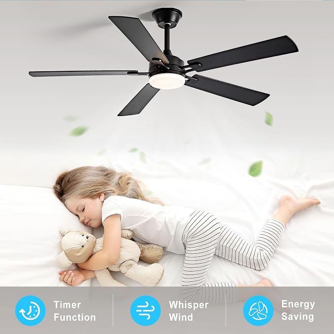 Depuley 52-inch Ceiling Fan with Light: Black Ceiling Fan for Living Room Indoor Outdoor - Modern Ceiling Fan with Remote Control 3CCT Dimmable Noiseless 5 Reversible Walnut Blades 6 Speeds Timer