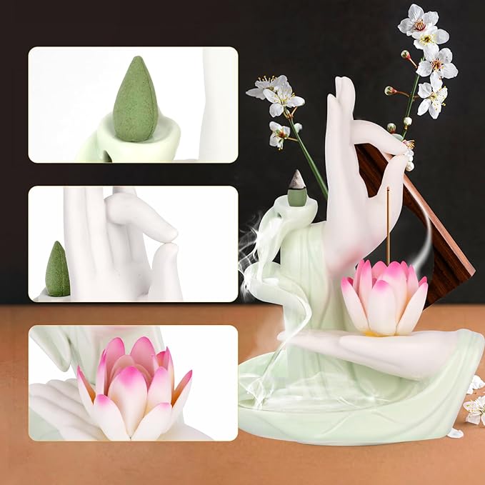 Backflow Incense Holder Buddhist Culture，Waterfall Incense Burner Buddha's Hand and Colorful Lotus Pattern，Aromatherapy Ornament Home Décor Nice Gift for Friends Families