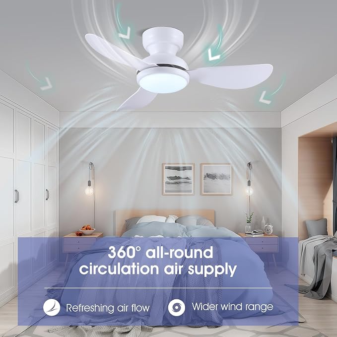 Kviflon 36 Inch Ceiling Fans with Lights, Small Flush Mount Ceiling Fan, Remote/APP Control, 3 Reversible Curved Blades, 6 Speeds, 3 CCT Dimmable Lights for Bedroom Kids Room, White