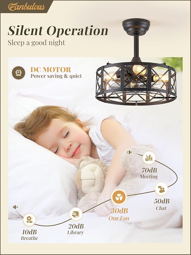 Fanbulous 16in Black Fandelier Ceiling Fans with Lights and Remote, Caged Enclosed Farmhouse Ceiling Fan with 6 Speeds and Timing, Small Bladeless Chandelier Fan Lights Ceiling Fixtures-Black