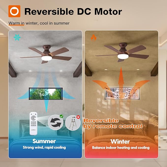 addlon Ceiling Fans with Lights, 42 Inch Low Profile Ceiling Fan with Light and Remote Control, Flush Mount, Reversible, 3CCT, Dimmable, Quiet, Brown Small Ceiling Fan for Bedroom Indoor/Outdoor Use