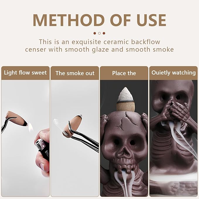 Comeon Backflow Incense Burner Skull Decor Incense Stick Holder Reverse Flow Censer Incense Waterfall Burner + Backflow Incense Cones, Incense Sticks, Tweezer, Mat (Set of 3)