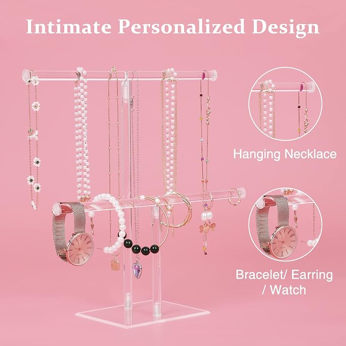 Acrylic Jewelry Stand, 2-Tier Necklace Holder, Jewelry Display Holder | Clear Bracelet Hanging Organizer, Tower Stand for Bangles, Necklaces, Bracelets, Rings, Earrings and Watch