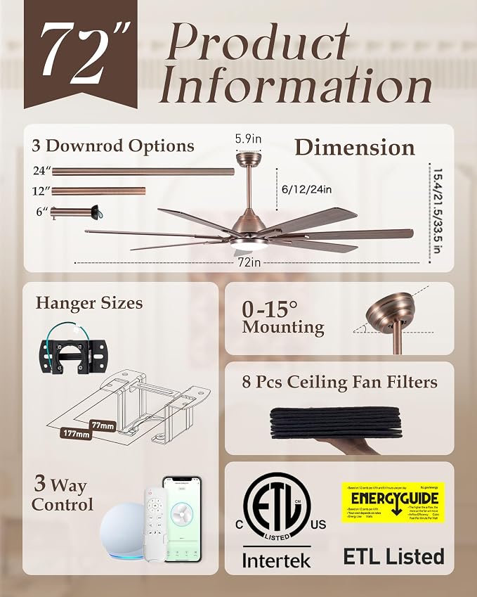 Minislak 72" Oil Rubbed Bronze Smart Ceiling Fan with Light via WiFi Alexa,6-Speeds Quiet DC Motor,Dimmable,Outdoor Antique Bronze Large Ceiling Fan for Living Room,Patio,Dual Finish 7 Blades