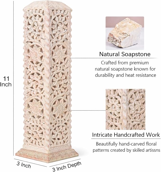Carry Me Handmade Marble Soapstone Incense Stick Burner | Candle Stick Holder | Tea Light Stand - Floral Carving for Gifting. Decorative Incense Tower for Home and Office Decor. (3x3x11 Inches)
