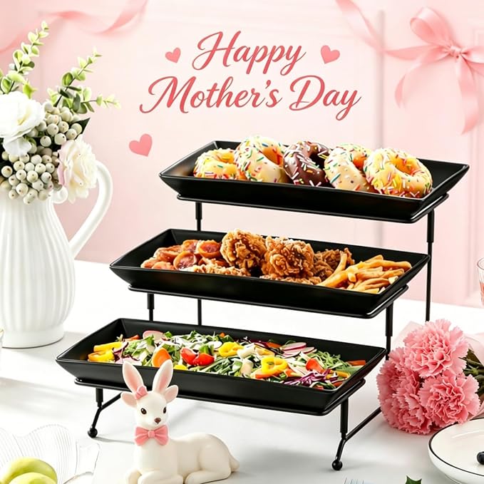 MALACASA 3 Tier Serving Tray, Porcelain Tiered Serving Trays Platters, 12 Inch Serving Stand with Platters,Black Dessert Stand with Collapsible Sturdier Metal Rack,Series PLAT | Tiered Serving Stand for Party, Fruit Tray, Trays for Serving Food, Desser...